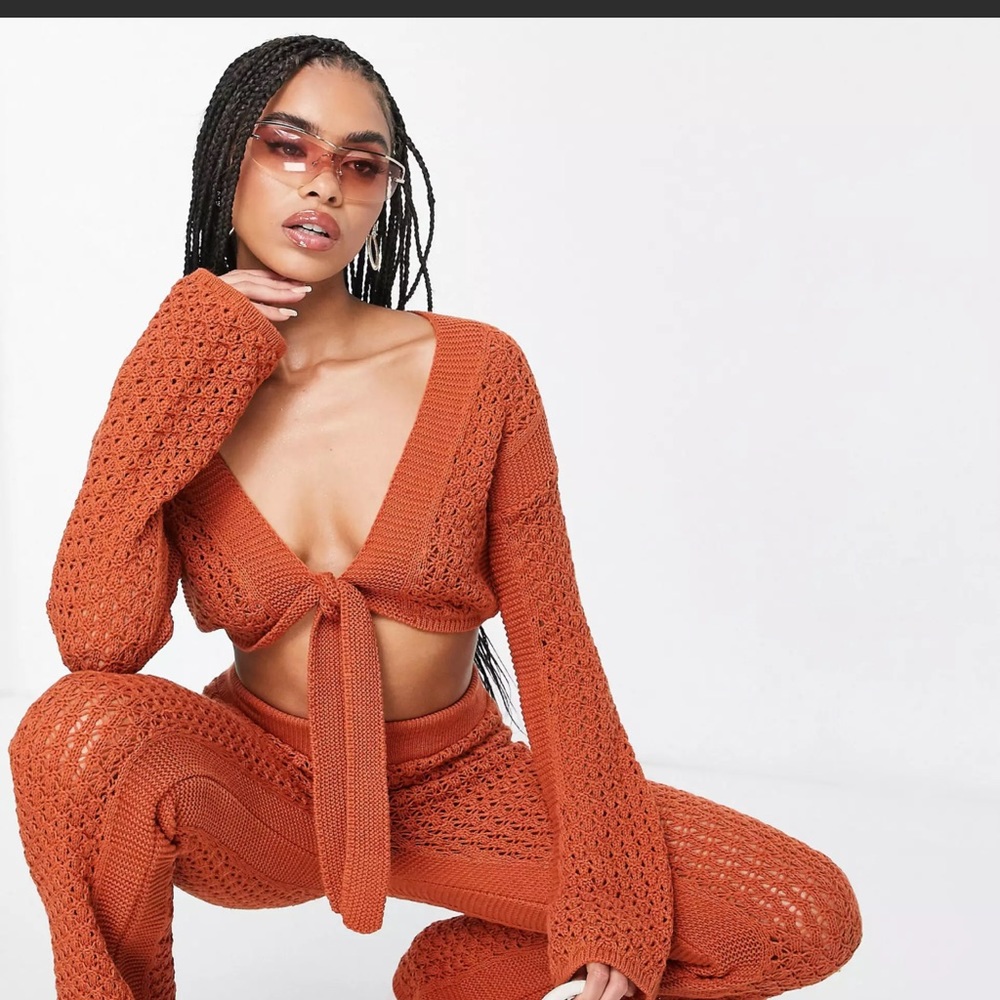 ASOS DESIGN crochet beach top with tie front detail in orange